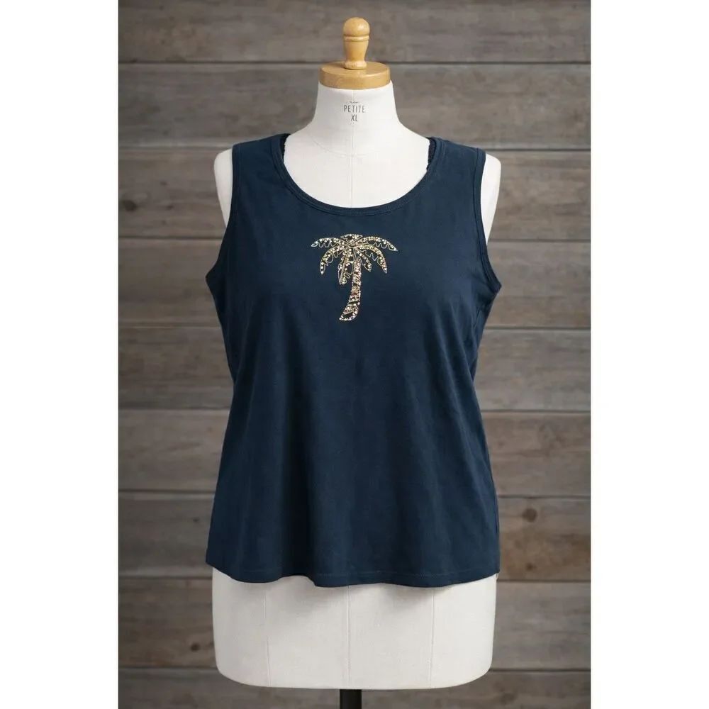 Palm Grove Petite XL Palm Tree Tank Navy Sequin Coastal Resort Top Black
